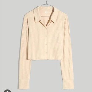 Madewell Brushed Rib Cropped Tan Ribbed Button-Up Top Cardigan Sweater size M